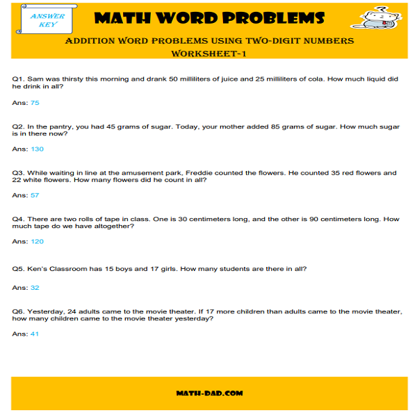 Addition Word Problems Using Two-Digit Numbers Worksheet-1