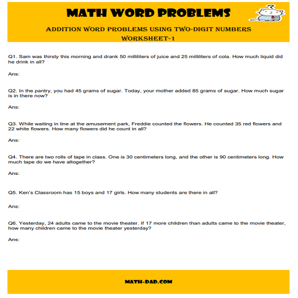 Addition Word Problems Using Two-Digit Numbers Worksheet-1