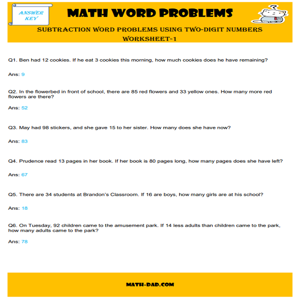 Subtraction Word Problems Using Two-Digit Numbers Worksheet-1