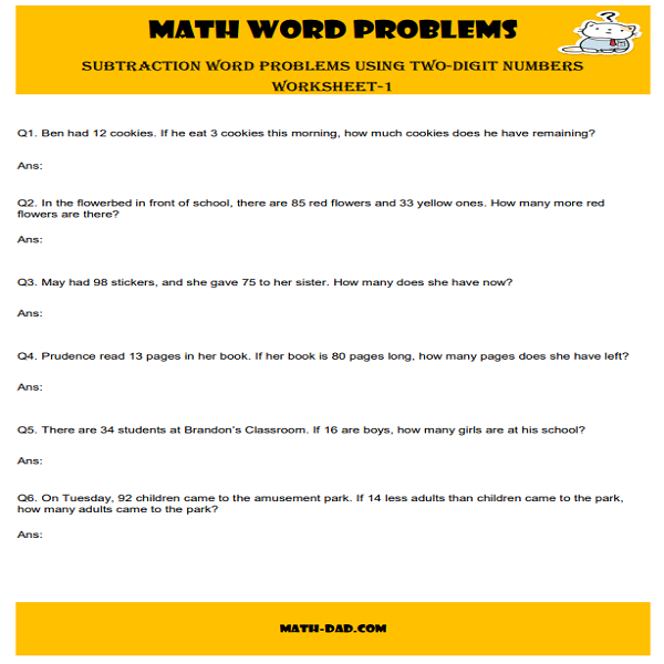 Subtraction Word Problems Using Two-Digit Numbers Worksheet-1