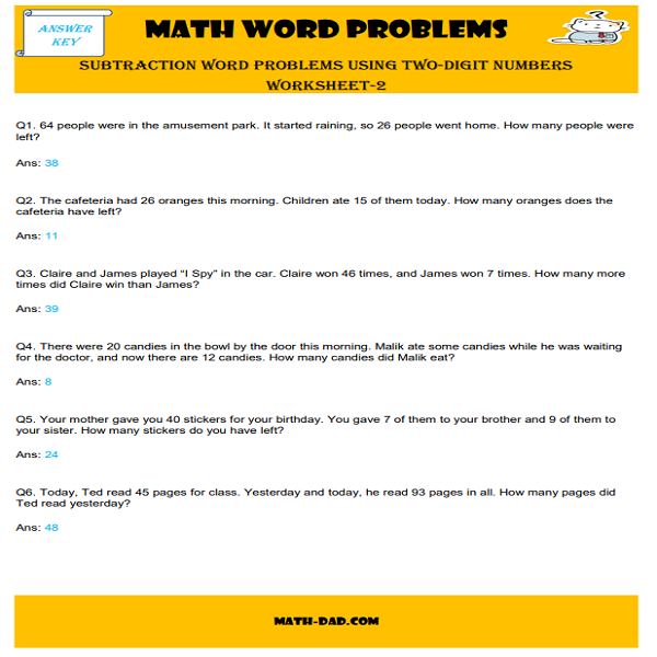 Subtraction Word Problems Using Two-Digit Numbers Worksheet-2